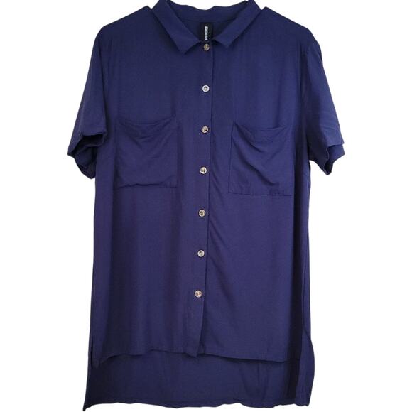 AGNES & DORA Women's Blue Button Up Short Sleeve High Low Shirt Top - Picture 2 of 5